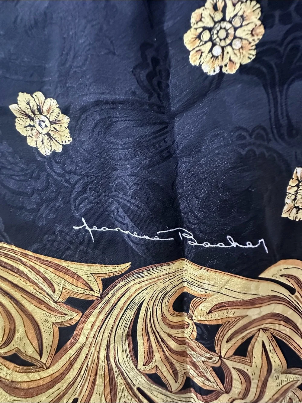 Vintage Jeannene Booher for Maggy London Black Gold 100% Silk Square Scarf